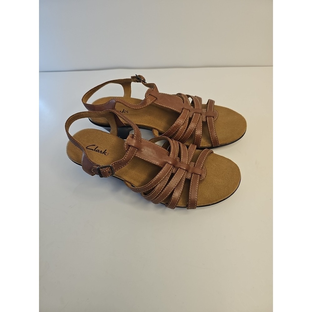 Clark's Leather Strappy Sandals w/2.5"‎ Heel-Tan/Lt. Brown size 8M